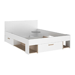 Vente-Unique Lit 140 x 190/200 cm avec rangements - Blanc et naturel + Sommier + Matelas - KINSELIA