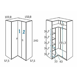 Inside 75 Armoire d'angle équerre porte droite pliante 150,8 x 240 cm finition chêne blanchis