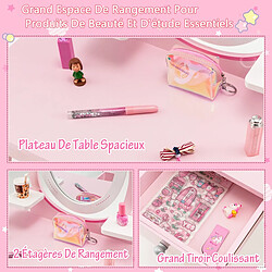 Helloshop26 Coiffeuse enfant miroir rotatif à 360° tabouret 1 tiroir et 2 etagères de rangement rose pour fille 3 - 7 ans 20_0002481