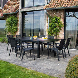 Wilsa Garden Ensemble BLACKSTAR 8/12p en aluminium noir et verre noir avec 8 fauteuils en textilène Salon de jardin en aluminium et verre Black star Table et 8 fauteuils