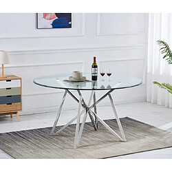 Acheter Vivenla Table de salle à manger ronde design piètement en acier inoxydable poli argenté et plateau en verre trempé transparent L. 140 x P. 140 x H. 76 cm collection LORENA