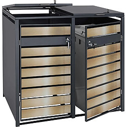 Decoshop26 Abri de poubelle en métal pour deux poubelles de 80 à 240 litres anthracite aspect bois d hêtre doré MDJ04175