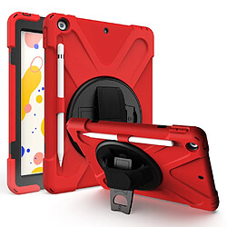 Coque en TPU + Silicone hybride avec béquille pivotante à 360 °, dragonne et porte-stylo rouge pour votre Apple iPad 10.2 (2019)