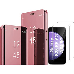 Coque Folio Rabat Miroir Pour Samsung Galaxy S23 FE Couleur Rose + 2 Verres Trempe Protection Ecran Little Boutik©