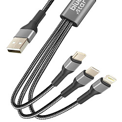 Bluestar Blue Star Câble USB vers Micro USB, USB C, iPhone Lightning Nylon Tressé 1.2m Noir