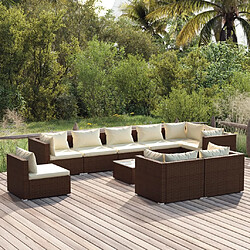 vidaXL Salon de jardin 10 pcs avec coussins Résine tressée Marron