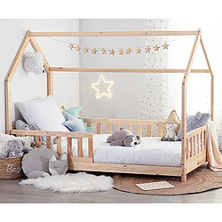 Pegane Lit cabane enfant en bois coloris beige ficelle - Longueur 195 x Profondeur 98,2 x Hauteur 145,7 cm