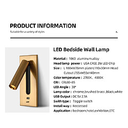 Avis Universal Applique murale 3W lit tête de lit lumière de lecture LED 5V 2.1A chargeur USB interrupteur Hôtel tête de lit lampe murale lampe | LED lampe murale intérieure (lampe thermique)