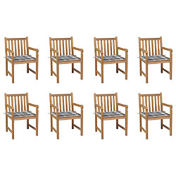 vidaXL Chaises de jardin lot de 8 et coussins carreaux gris Bois teck