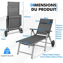 Acheter Helloshop26 Chaise longue de jardin inclinable pliable en aluminium avec roulettes 7 dossier réglable appuie-tête amovible charge 150 kg noir 20_0008165