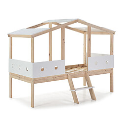 Pegane Lit enfant cabane en MDF et pin coloris blanc, naturel - Longueur 206 x Profondeur 131 x Hauteur 165 cm