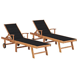 Maison Chic Lot de 2 Chaises longues avec coussin | Transat Bain de soleil noir Bois de teck solide -GKD89406