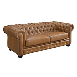 Avis Vente-Unique Canapé chesterfield 3 places et un fauteuil BRENTON 100% cuir de buffle premium - Caramel vintage