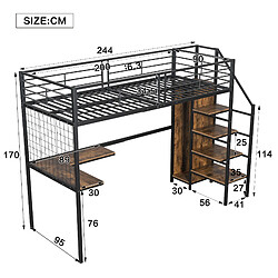 ComfortXL Lit superposé en métal, avec bureau et armoire, échelle latérale avec main courante, noir 90x200 cm pas cher