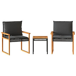 vidaXL Ensemble de bistro 3 pcs et coussins noir résine tressée acacia