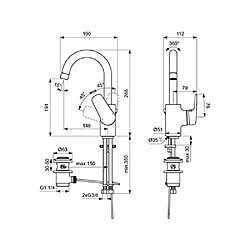 Avis Ideal Standard Robinet/Mitigeur de lavabo ceraflex avec bec haut - + Métal train Bouton de vidange G1 ¼, fixation par le dessous, bec tube orientable avec mousseur - saillie 146 mm, hauteur 191 mm Chromé