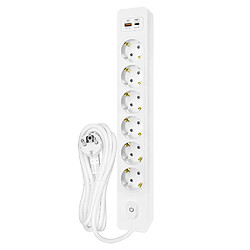 Null Multiprise SELDUR G6TH12B, 6 prises type F + interrupteur, USB A+C charge rapide 20W, Blanc, câble 1.5m