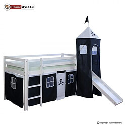 Homestyle4U Lit Simple Blanc 90x200 en hauteur avec echelle rideau et tour Pirate et toboggan