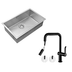 Auralum MAX Évier de cuisine Brossé 70*44*19cm inox+Robinet de Cuisine avec Douchette Extractible Rotatif 360 °2 Fonctions, Barboteur démontable,Noir