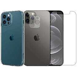 Protection intégrale Verre Trempé pour iPhone 12 Pro + Verre Trempé Caméra Arrière + Coque souple silicone transparente -Visiodirect-