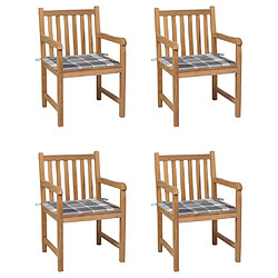 vidaXL Chaises de jardin lot de 4 coussins à carreaux gris Teck solide