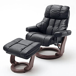 Inside 75 Fauteuil relax CLAIRAC XL assise en cuir noir pied en bois couleur noyer avec repose pied