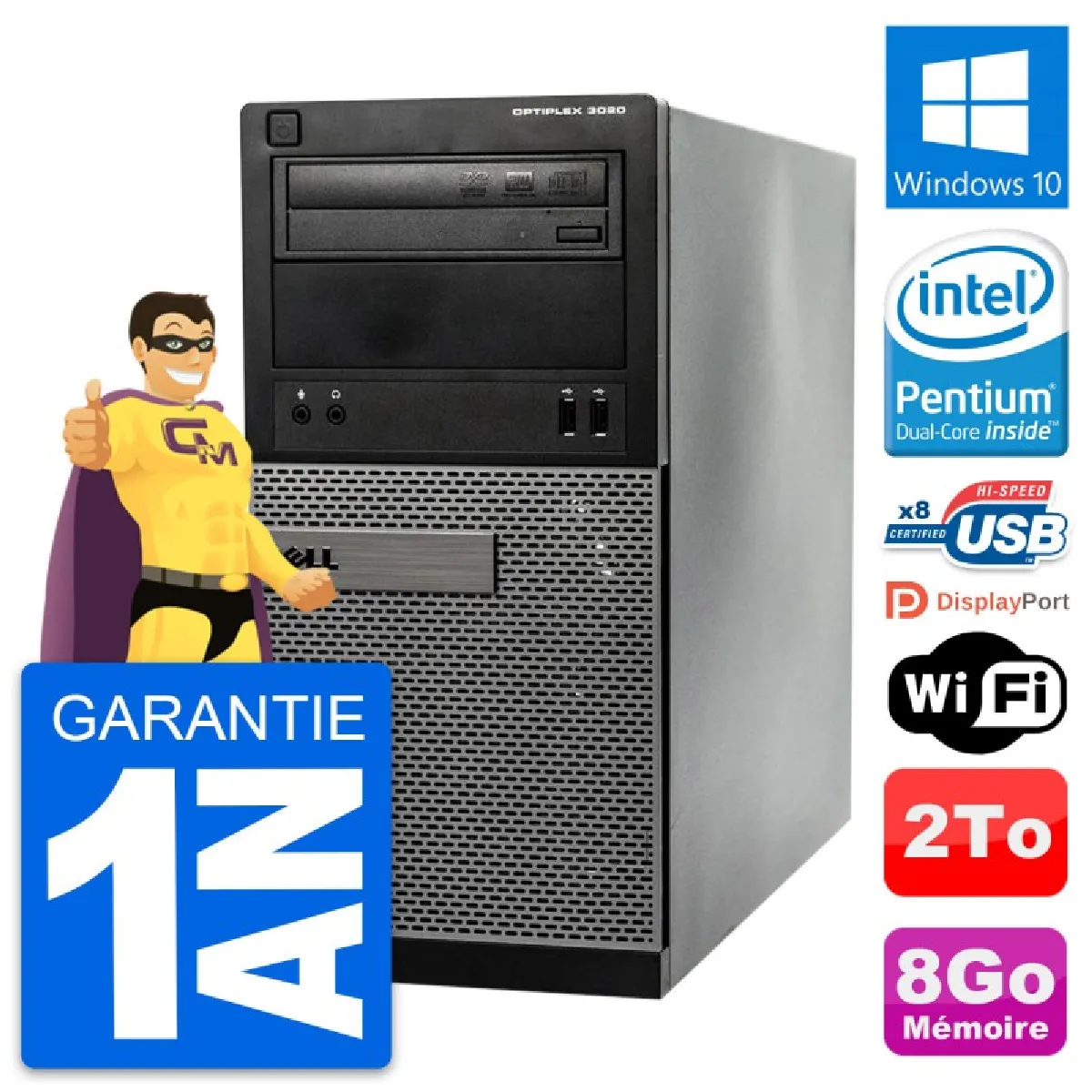 PC Tour Dell OptiPlex 3020 Intel G3220 RAM 8Go Disque Dur 2To Windows 10 Wifi - Occasion