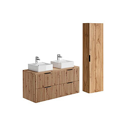 Vente-Unique Meuble de salle de bain suspendu strié avec vasque à poser et colonne - Naturel clair - 120 cm - ZEVARA