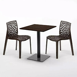 Avis Grand Soleil Table carrée 60x60 pied noir et surface bois avec 2 chaises colorées Gruvyer Kiss - Marron