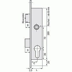 Serrure à larder 1 point pêne dormant et demi-tour à cylindre européen axe 24,5 mm - Pour gâche électrique Métalux 7