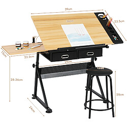 Avis YESKAMO Table à Dessin, Bureau Dessin 10# avec Bureau Latéral Rétractable, 0-65° Angle Réglable, 2 Tiroirs de Rangement, 28-36cm Hauteur Réglable, Tabouret, Parfait pour Artistes, Architectes, Designers