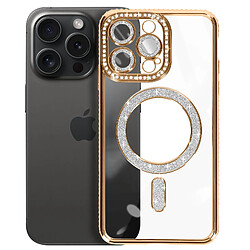 Avizar Coque Diamant pour iPhone 15 Pro Max Protection MagSafe Contour Strass Dorée