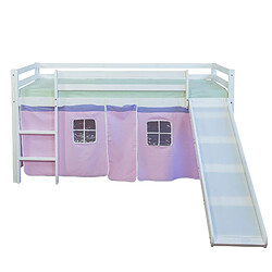 Decoshop26 Lit mezzanine 90x200cm avec échelle toboggan en bois blanc et toile rose LIT06116