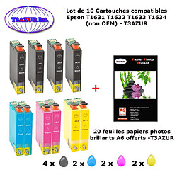 T16XL- 10 cartouches compatibles Epson T1631, T1632, T1633, T1634 pour WF 2010 2510 2520 2530 2540 2630WF 2650DWF - PPA6-T3AZUR