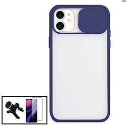 PHONECARE Kit Coque avec fenetre Anti-Choc mat + Film de Verre Trempé 5D à Couverture Complète + Support Magnétique de Voiture Renforcé pour iPhone XR - Bleu foncé