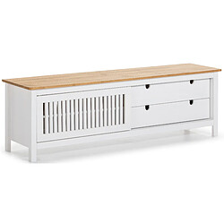 Pegane Meuble TV en pin massif décor ciré chêne et blanc, meuble de rangement - Longueur 158 x Profondeur 40 x Hauteur 49.6 cm