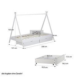 Homestyle4U Lit d'enfant avec matelas Lit cabane Lit 90x200 cm Lit de tente en bois blanc avec tiroirs