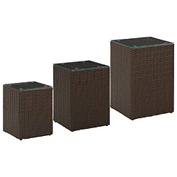 vidaXL Tables d'appoint 3 pcs et dessus en verre Marron Résine tressée