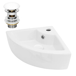 ML-Design Lavabo d'angle en Céramique Blanc, 46 x 33 x 13 cm, Angulaire, avec Bouchon de Vidage Trop-Plein et Trou pour Robinet, Montage Mural ou à Poser, Vasque Lave-Mains Évier sur Plan de Toilette