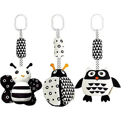 3 pack de jouets à hochet suspendus, jouets pour bébé à contraste élevé et jouets de poussette en peluche pour bébés de 0 à 18 mois, jouets de siège d'auto pour nouveau-né avec dessin animé noir et blanc