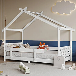 KOMHTOM Lit Cabane Pour Enfants Et Adolescents - 200 X 90 cm - Bois Massif Avec Grille Et Sommier À Lattes - Protection Antichute - Blanc