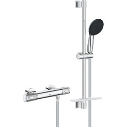 Ensemble de douche avec mitigeur thermostatique, pommeau 3 jets, barre 60cm et flexible - GROHE 34791001 - Economie d'eau - Chromé