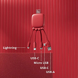 SANAG Câble Multi Connecteurs Usb - Hub Usb 4 En 1- Chargeur Universel Et Batterie Externe 3000 Mah En Plastique Recyclé - Octopus Gamma - Rouge