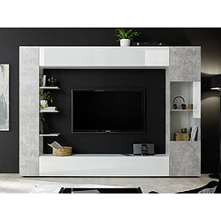 Vente-Unique Mur TV SIRIUS avec rangements - Coloris : Blanc laqué et béton pas cher