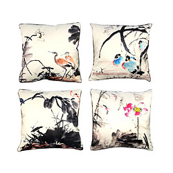 YP Select 4 Pcs Chinois Encre Peinture Oreiller Coussin Fleur-Oiseau Classique Canapé Coussin Noir 45X45 CM