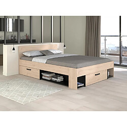 Vente-Unique Lit 140 x 190/200 cm avec rangements - Coloris : Naturel et noir + Sommier + Matelas - KINSELIA