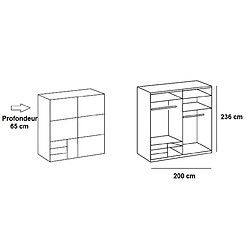 Inside 75 Armoire coulissante LISEA 2 portes 3 tiroirs blanc verre anthracite 200 x 236 cm HT