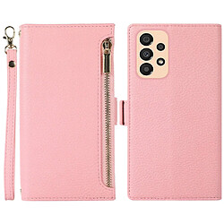 Etui en PU texture litchi avec support, pochette à fermeture éclair et sangle pour votre Samsung Galaxy A53 5G - rose