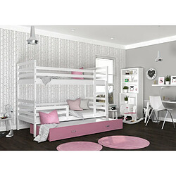 Acheter Kids Literie Lit Superposé 3 Places Milo 90x190 Blanc - rose Livré avec sommiers, tiroir et matelas en mousse de 7cm