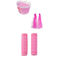 Panier Avant de Vélo + 2pcs Tassel Glands de Poignée + 2pcs Poignée de Guidon Vélo Enfant Fille -Rose